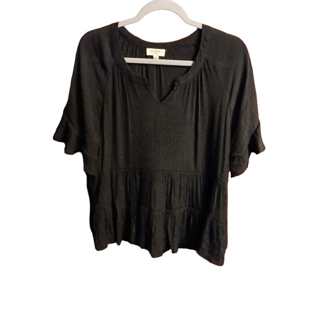 Umgee USA Gothic Babydoll Tiered Ruffle Hem Short Slv Top Blouse Black Size M